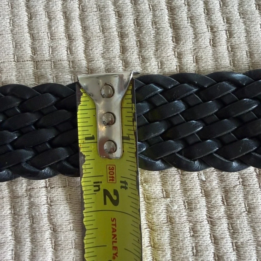 Braided Woven Leather Belt Womens M Black Genuine Leather Brass Buckle Vintage